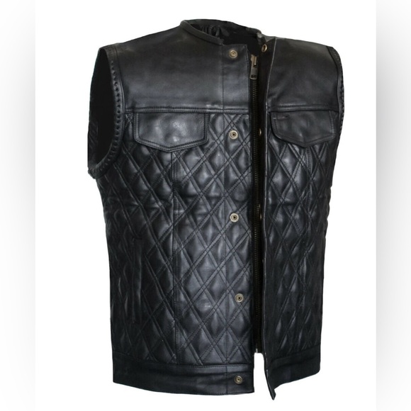 MEN PADDED HUNT CLUB STYLE BLACK STITCHED MOTORCYCLE CONCEAL CARRY LEATHER VEST - Picture 6 of 7